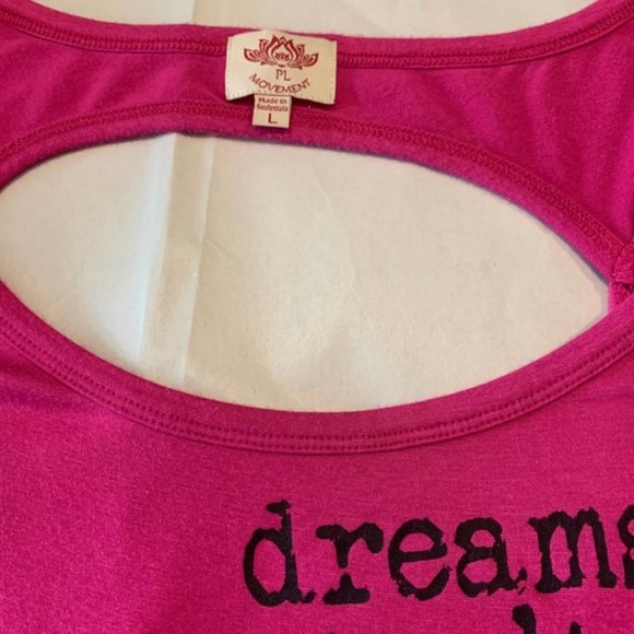 Pink Lotus Pink SS Shirt "Dreams don't work..." Open Faux Wrap Back Size Large - Picture 5 of 5